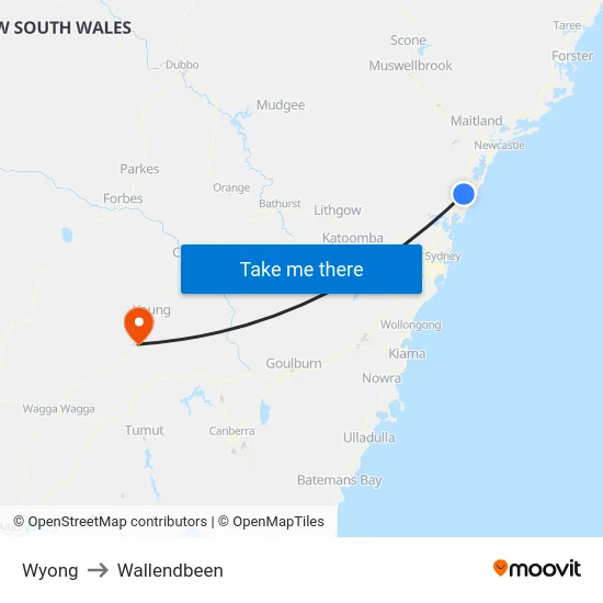 Wyong to Wallendbeen map