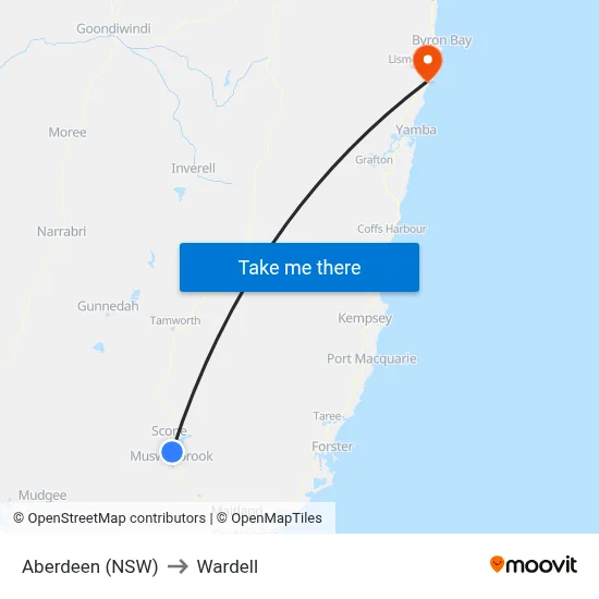 Aberdeen (NSW) to Wardell map