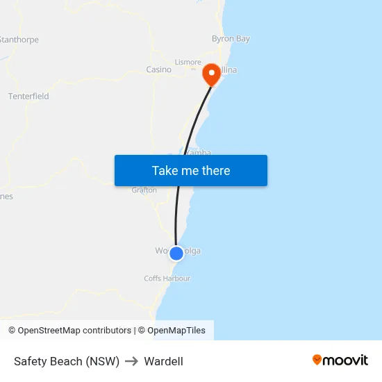 Safety Beach (NSW) to Wardell map