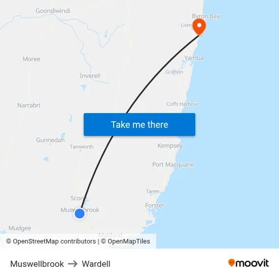 Muswellbrook to Wardell map