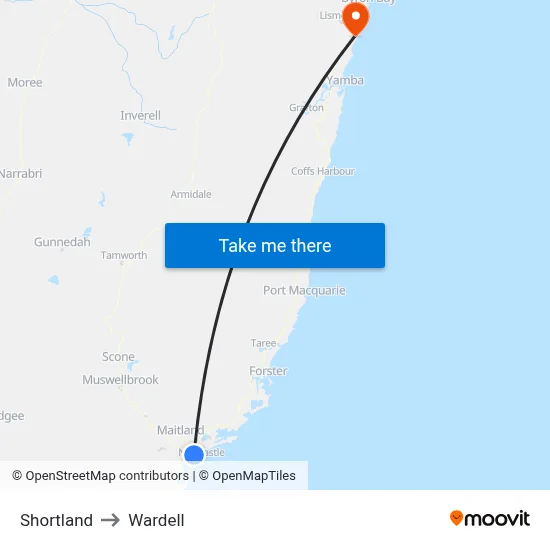 Shortland to Wardell map