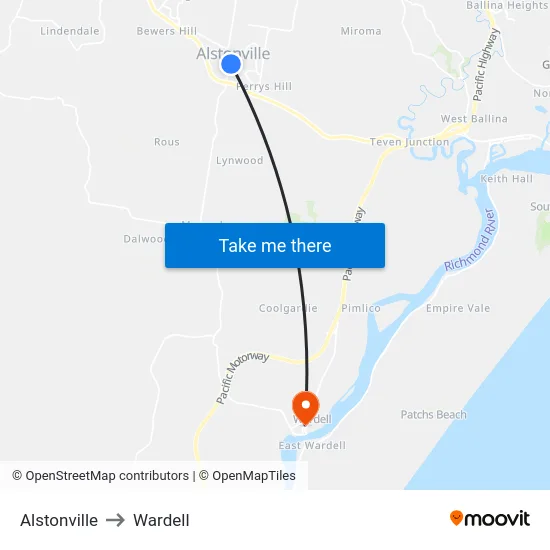 Alstonville to Wardell map