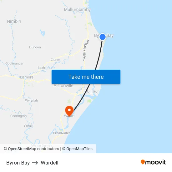 Byron Bay to Wardell map