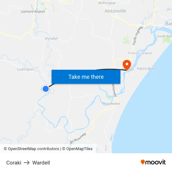 Coraki to Wardell map