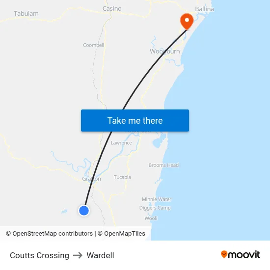Coutts Crossing to Wardell map