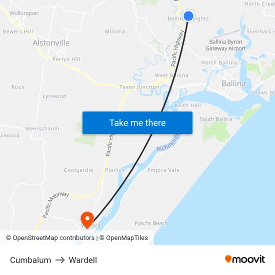 Cumbalum to Wardell map