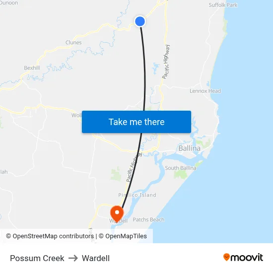 Possum Creek to Wardell map