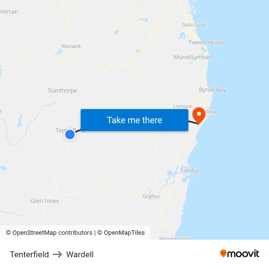 Tenterfield to Wardell map