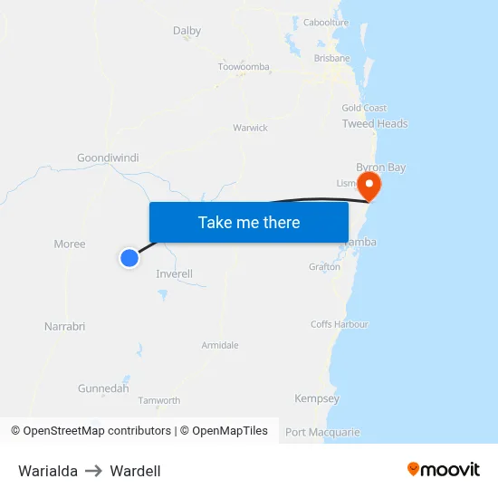 Warialda to Wardell map