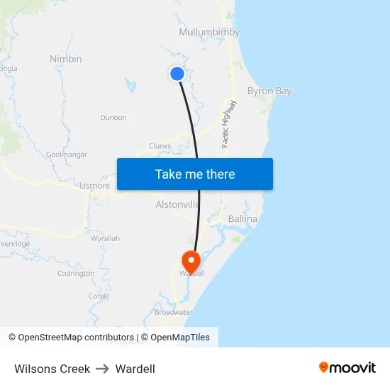 Wilsons Creek to Wardell map