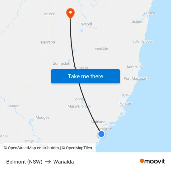 Belmont (NSW) to Warialda map