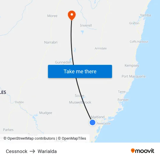 Cessnock to Warialda map