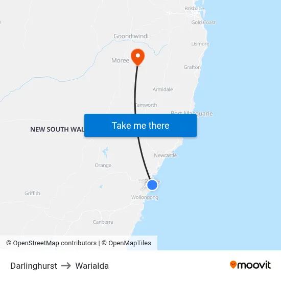 Darlinghurst to Warialda map