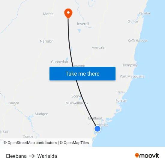 Eleebana to Warialda map