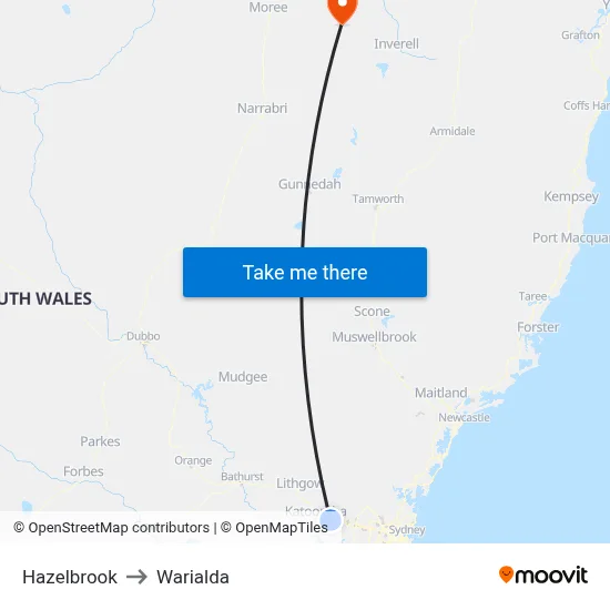 Hazelbrook to Warialda map