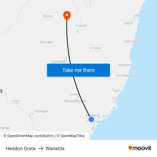 Heddon Greta to Warialda map