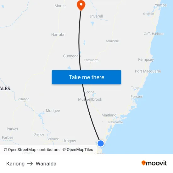Kariong to Warialda map