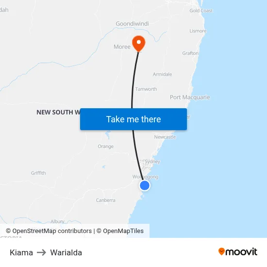 Kiama to Warialda map