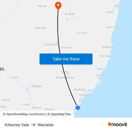 Killarney Vale to Warialda map