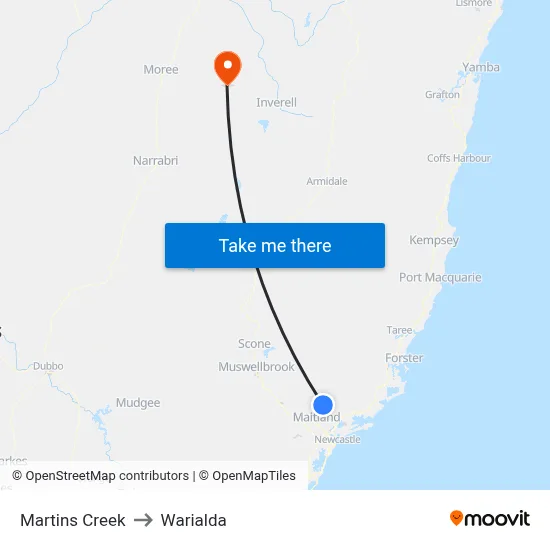 Martins Creek to Warialda map