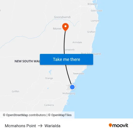 Mcmahons Point to Warialda map