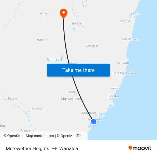 Merewether Heights to Warialda map