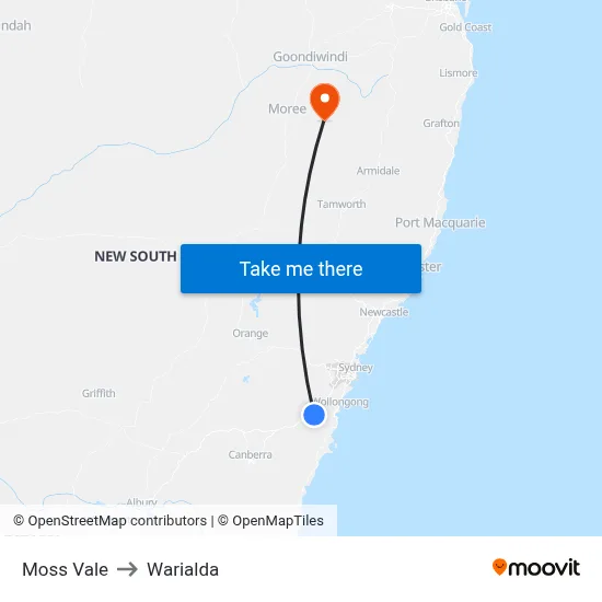 Moss Vale to Warialda map