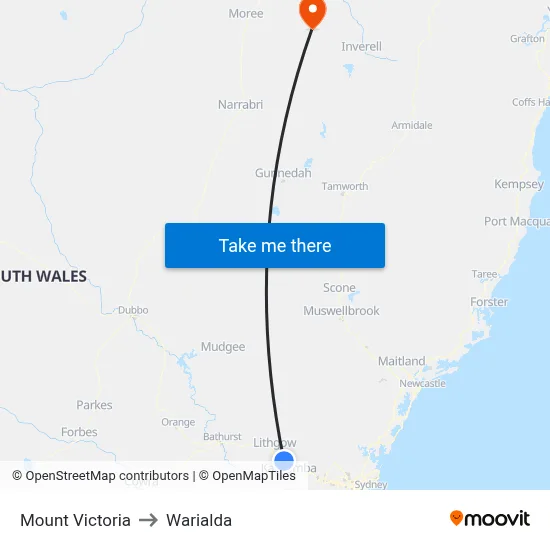 Mount Victoria to Warialda map