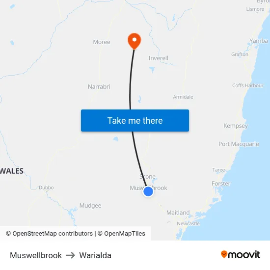 Muswellbrook to Warialda map