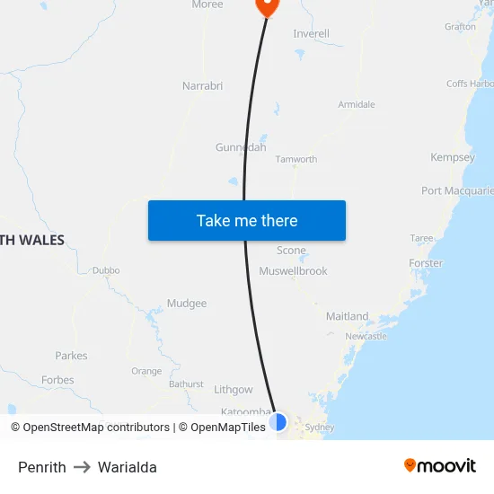 Penrith to Warialda map