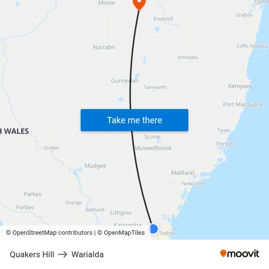 Quakers Hill to Warialda map
