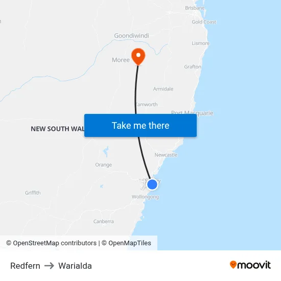Redfern to Warialda map
