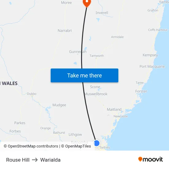 Rouse Hill to Warialda map