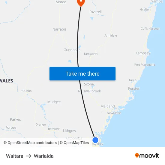 Waitara to Warialda map