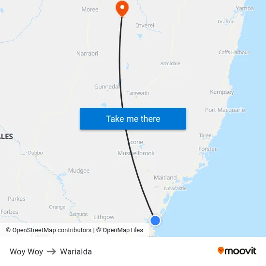 Woy Woy to Warialda map