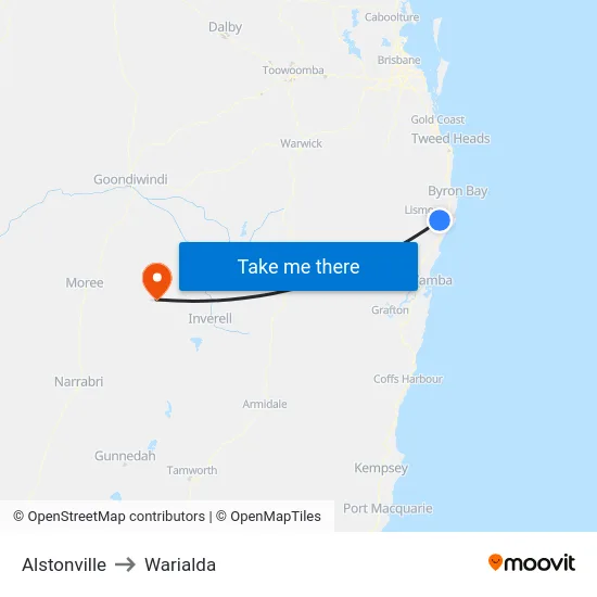 Alstonville to Warialda map