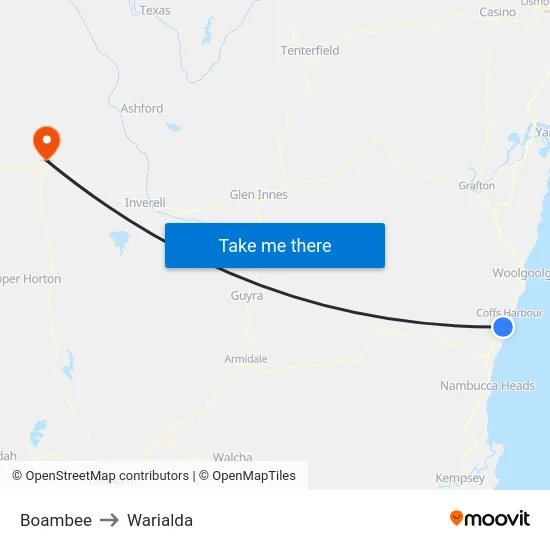 Boambee to Warialda map