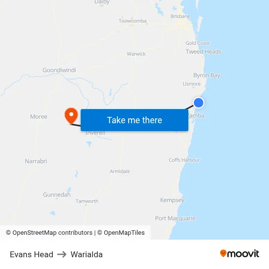 Evans Head to Warialda map