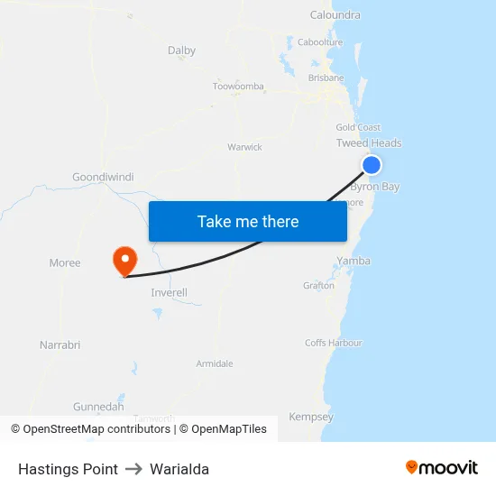 Hastings Point to Warialda map