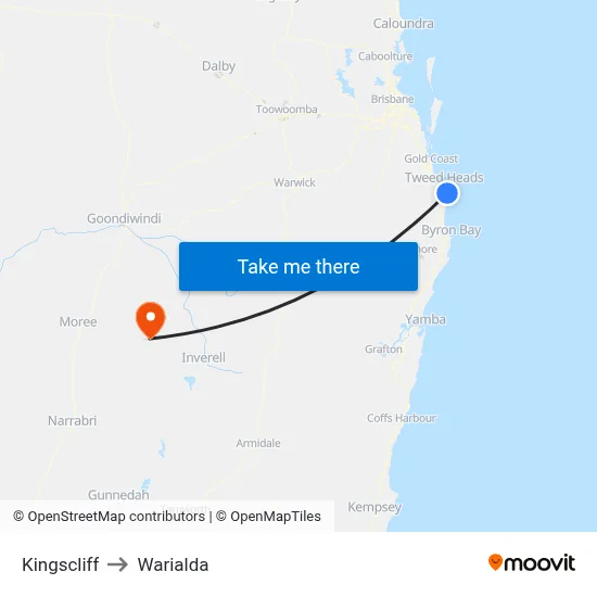 Kingscliff to Warialda map