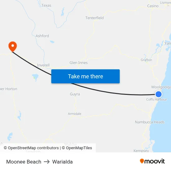 Moonee Beach to Warialda map