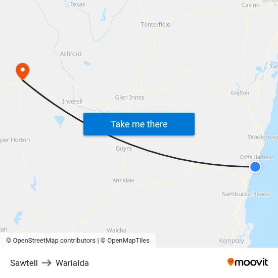 Sawtell to Warialda map