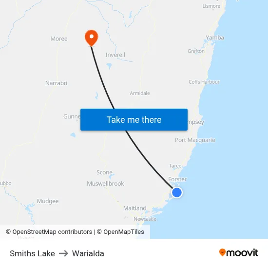 Smiths Lake to Warialda map