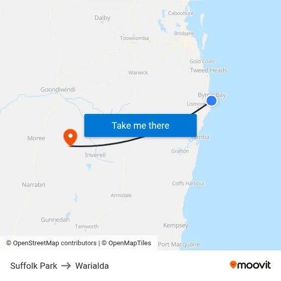 Suffolk Park to Warialda map