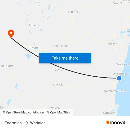 Toormina to Warialda map