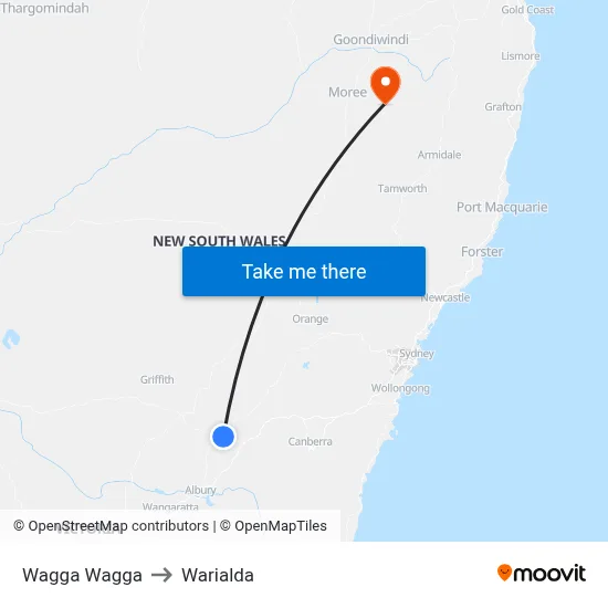 Wagga Wagga to Warialda map