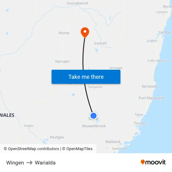 Wingen to Warialda map