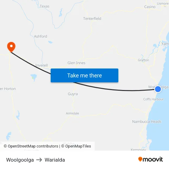 Woolgoolga to Warialda map