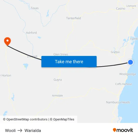 Wooli to Warialda map