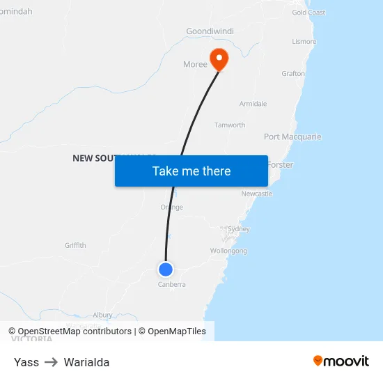 Yass to Warialda map